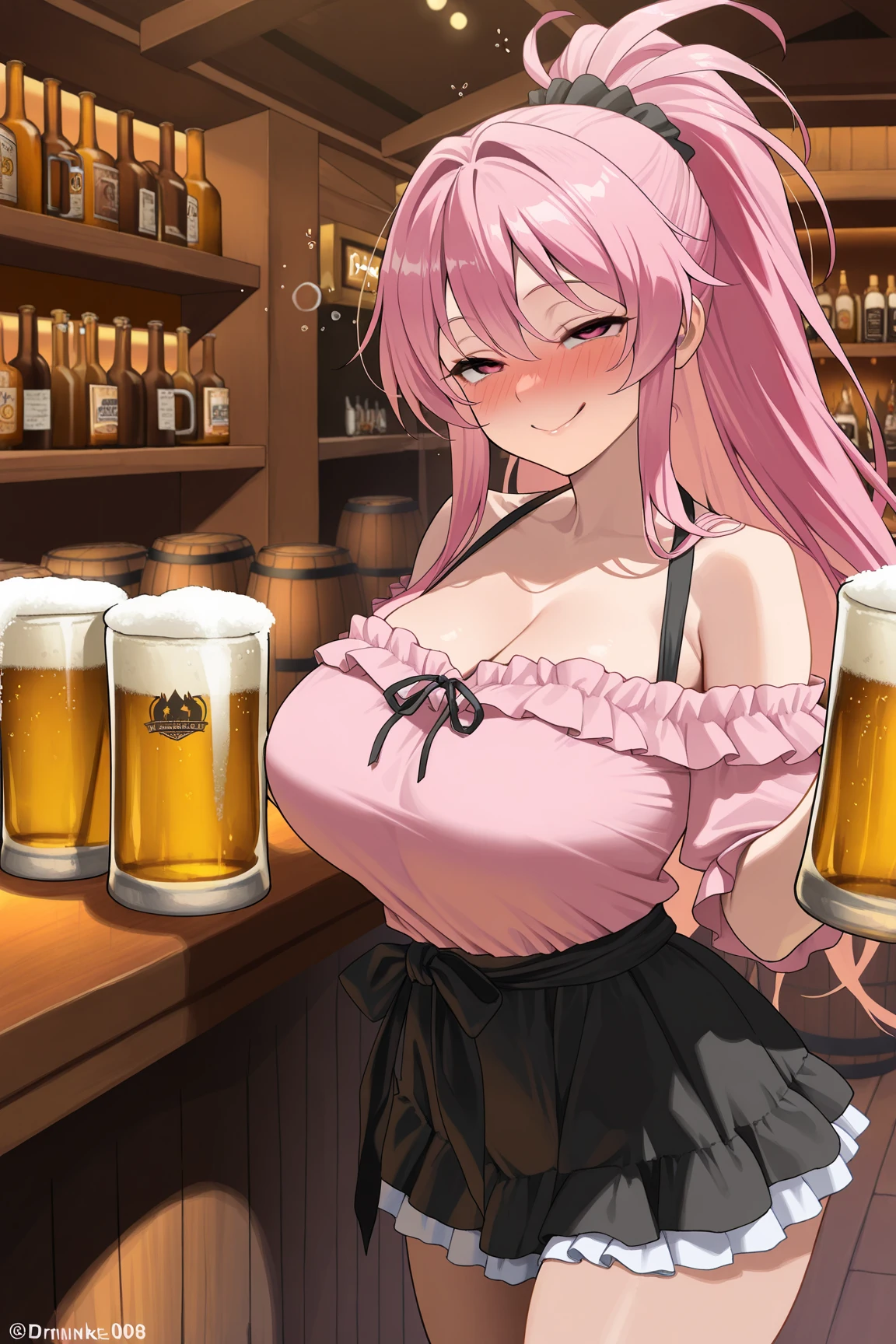 A beautiful blonde elf with big breasts and a knee-length ponytail、Drinking alone at the counter of a popular izakaya after work、A large mug of beer in his left hand、A yakitori comb in his right hand、Tentacles visible through closed mouth、Three empty beer mugs lined up on a table、
