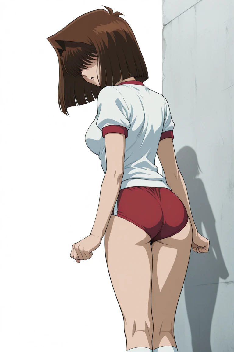 nsfw, kazuha toyama, (White slingshot swimsuit:1.1), Hip Focus, From the back, Embarrassing, The whole buttocks are visible, Beautiful hip line, (The swimsuit is shaped to dig into the buttocks....), (V-back), One girl