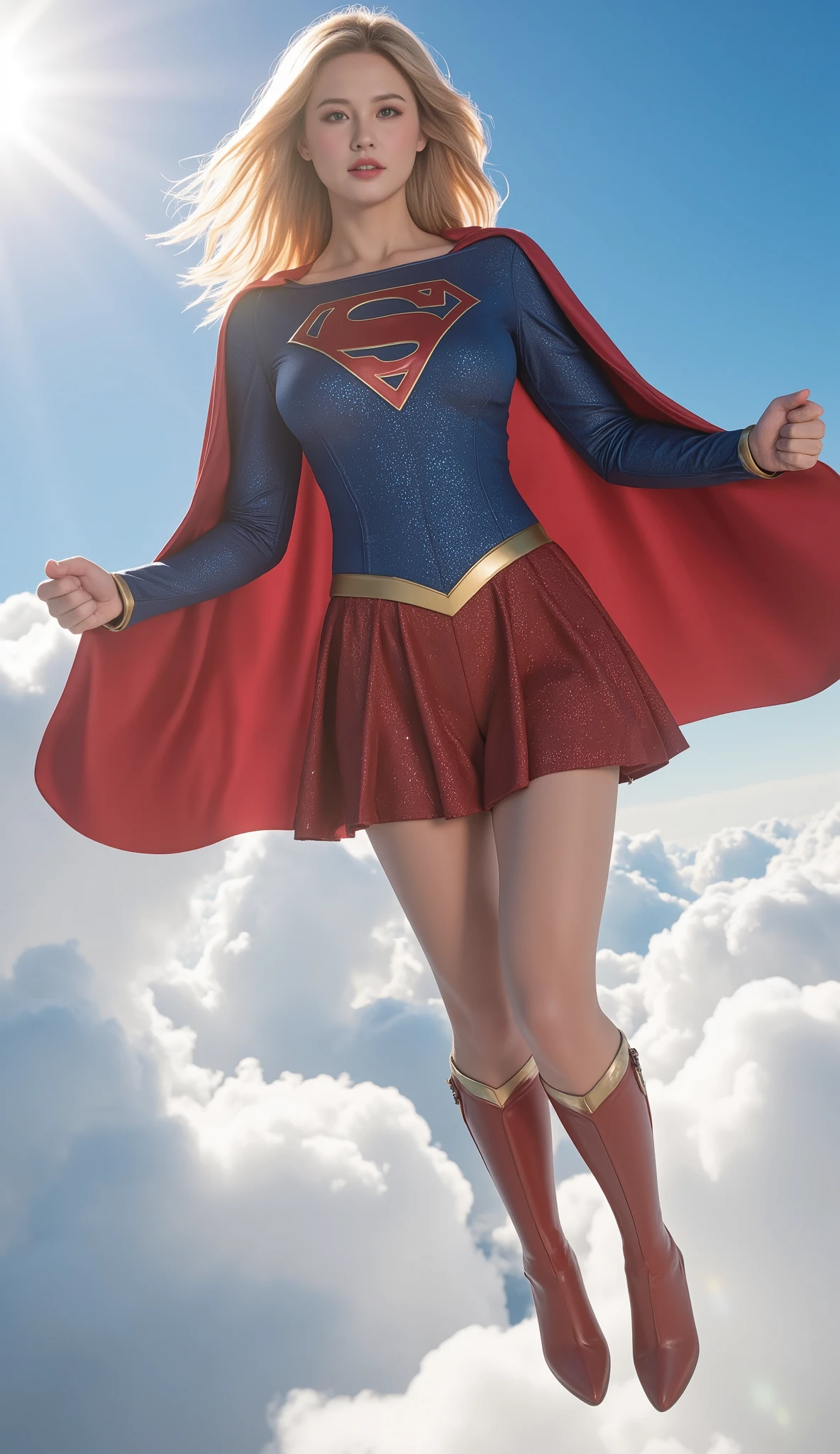 masterpiece, best quality, (realistic, highly detailed), model shoot of supergirl, blonde, [blue eyes], red cape, blue shirt, belt, blue skirt, red knee boot, cute smile, in a rooftop, wind, natural light, lens flare, <lora:supergirl:0.4>