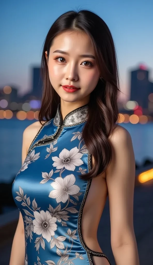 masutepiece, Best Quality, 8K, 10yaers old, Teen, Raw photo, absurderes, award winning portrait, Smile, Solo, (Night:1.8), Idol face, violaceaess, Delicate girl, Upper body, Digital SLR, Looking at Viewer, Candid, Sophisticated,Thin arms, Professional Lighting, Film grain, chromatic abberation, (Eyes and faces with detailed:1.0), (Bokeh:1.1) , (qipao dress:1.1) , closes mouth