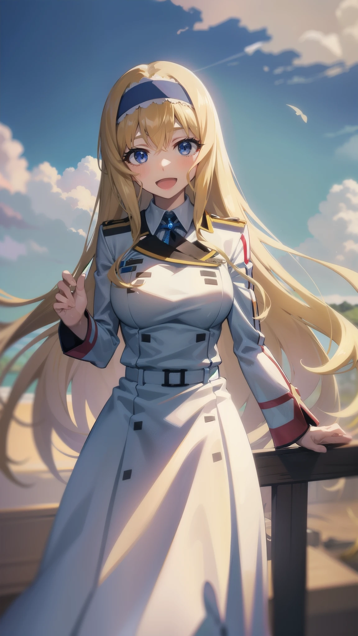 , , solo, ,open mouth,cowboy shot,smile,,long hair,hair band,blonde hair,,,white uniform,long skirt,blue eyes