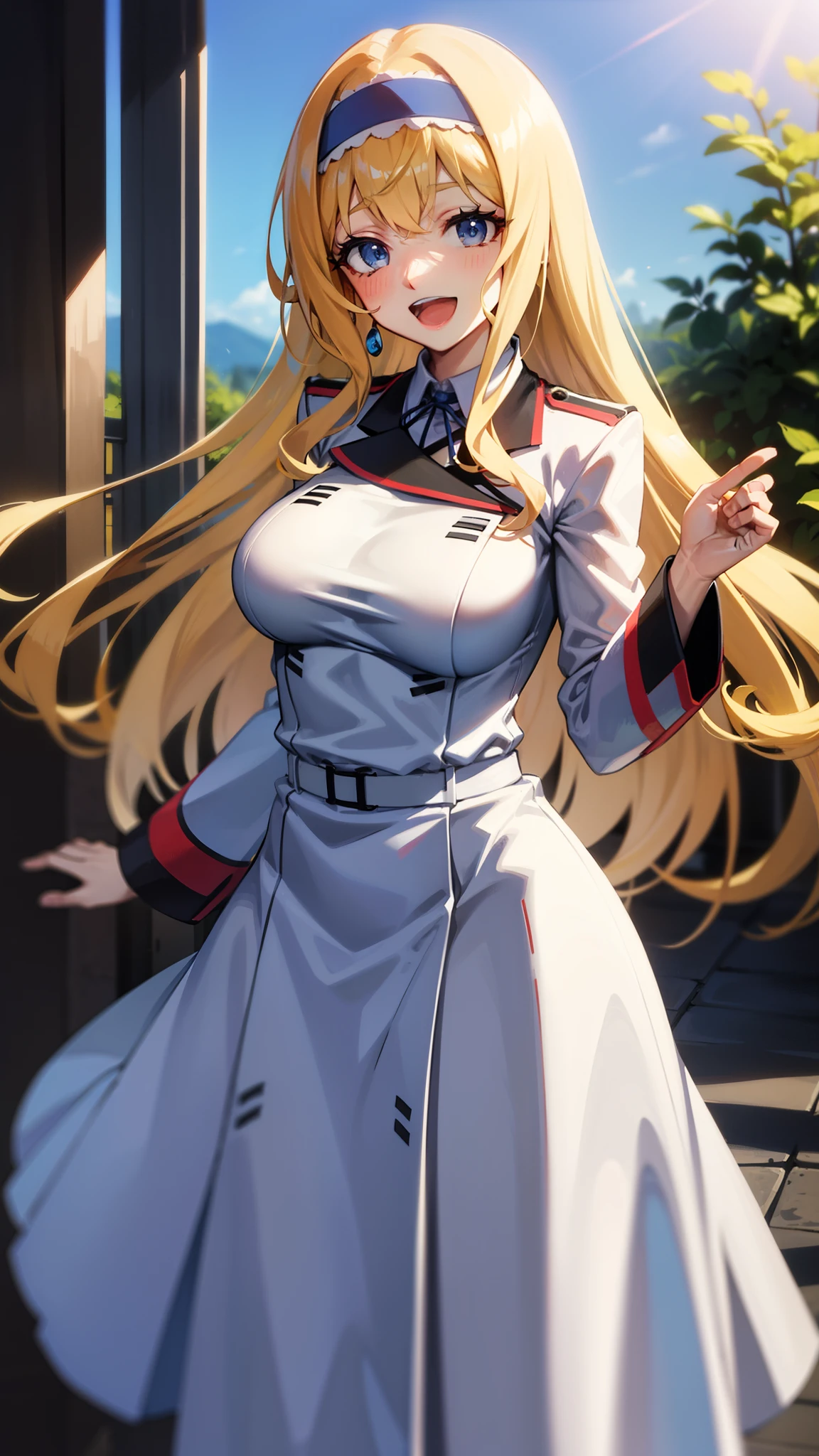 , , solo, ,open mouth,cowboy shot,smile,,long hair,hair band,blonde hair,,,white uniform,long skirt,blue eyes,outdoor,curvy