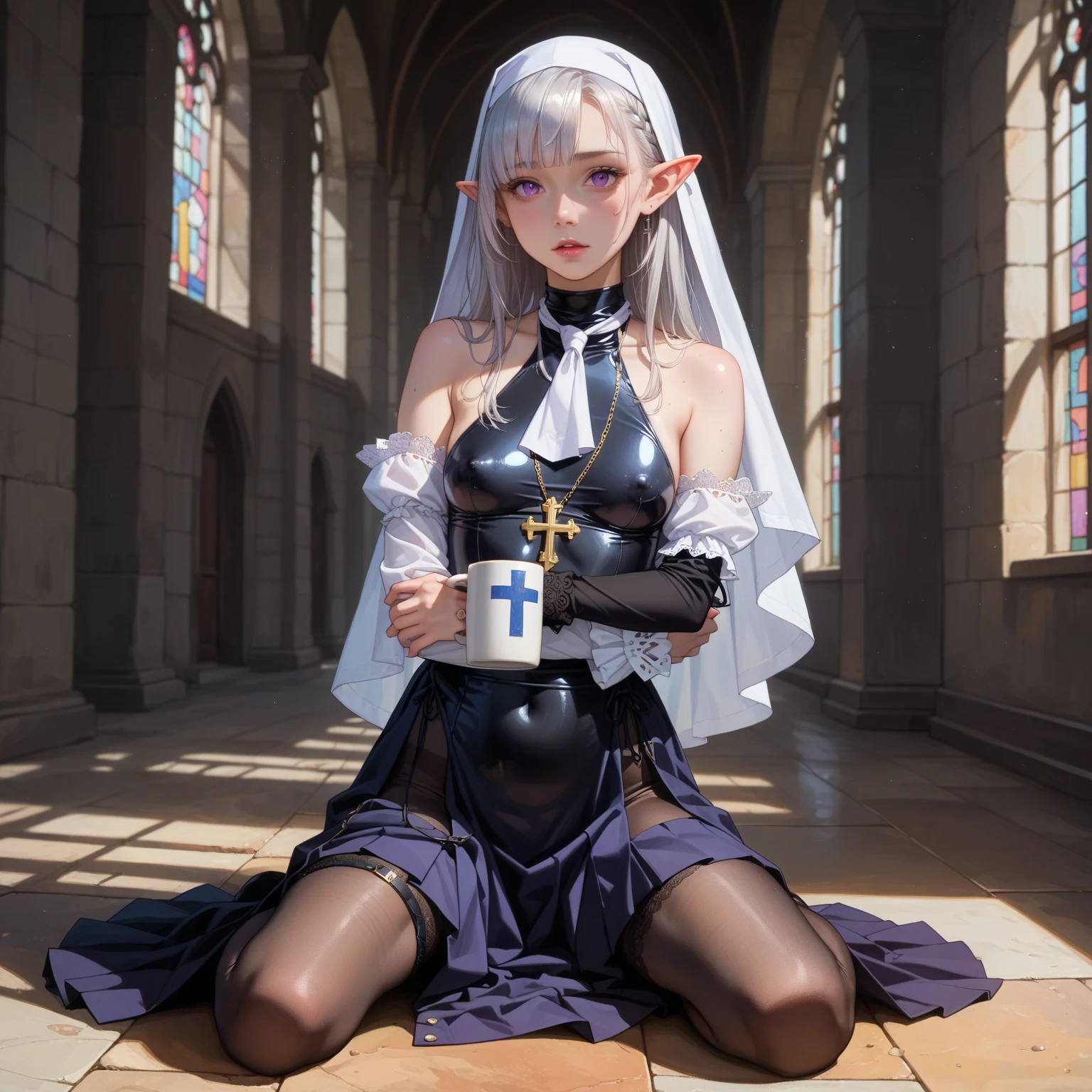 <lora:Sexy_Nun_Suit:0.85>,1girl, smile, sexy_nun,((pubic tattoo)), white long hair, black veil, ((red eyes, red lips)), white bikini, stomach cutout, navel, black long sleeves, black leather pants, upper body, arms behind back, standing, (masterpiece, high quality, best quality), (colorful),(delicate eyes and face), volumatic light, ray tracing, extremely detailed CG unity 8k wallpaper, blue eyes, realistic,photorealistic, cowboy shot, indoors,
Vaulted Ceilings, Stained Glass Windows, Ornate Altar, Candlelit Aisles, Ecclesiastical Architecture, Spiritual Atmosphere, Sacred Artwork, Pews and Benches, Divine Light, Tranquil Ambiance