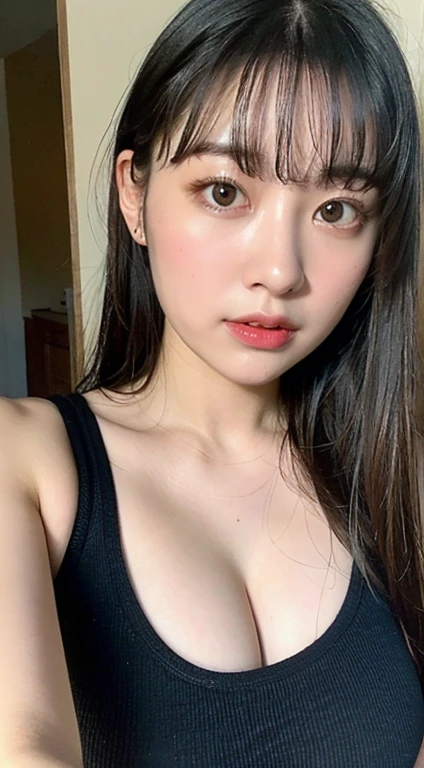 (realistic, high resolution:1.3), (face close up), 1 girl with perfect figure, super fine face and eyes, black hair,medium hair, tank top: 1.2 in random colors, short、skirt, bridge, big breasts, cleavage, choker, smile、selfie