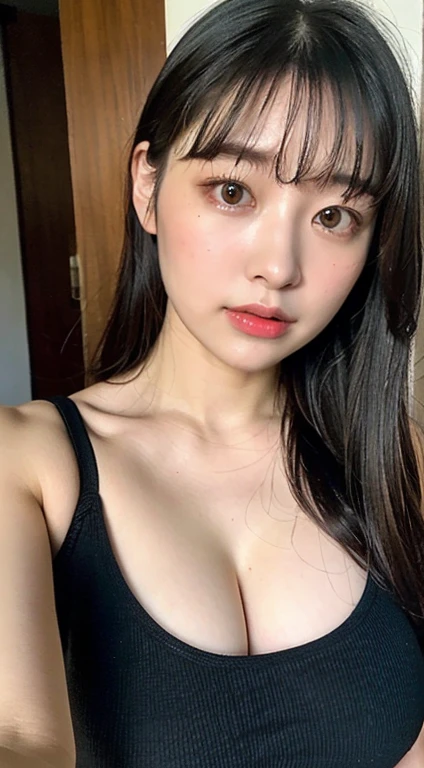 Instagram selfie , Beautiful 23 year old Japanese woman , 笑face , Detailed skin、face、eye , Natural light , Beach, Long Hair, Wearing cute pajamas , Film Grain, Low contrast, 自然なface , Black Hair , eyeの下のくま、Cleavage、Sunburned skin:2.0,surfer、Large Breasts
