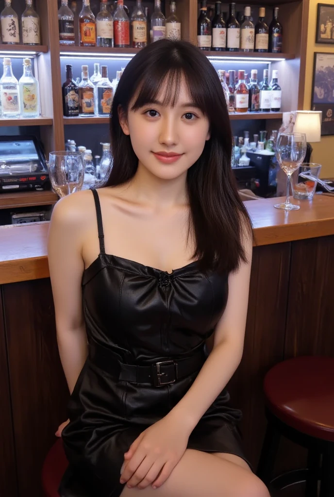 masterpiece、Japanese gravure idol、BAR at night、bar、A woman with long, lightly curled black hair is sitting at the counter and drinking alcohol.、wearing a chic black dress、gold earrings in ears、drink alcohol slowly、A happy smile、