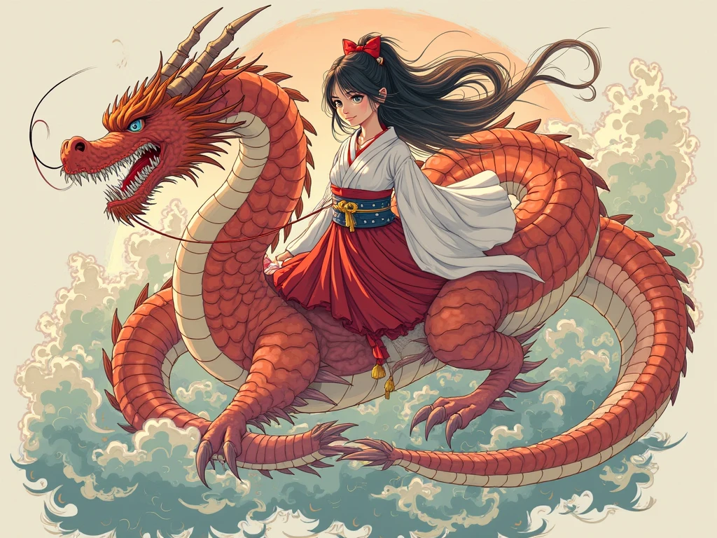 (masterpiece, best quality:1.2), bite_style,1 person,girl,Divine bit,dragon,cloud,Temple,cartoon