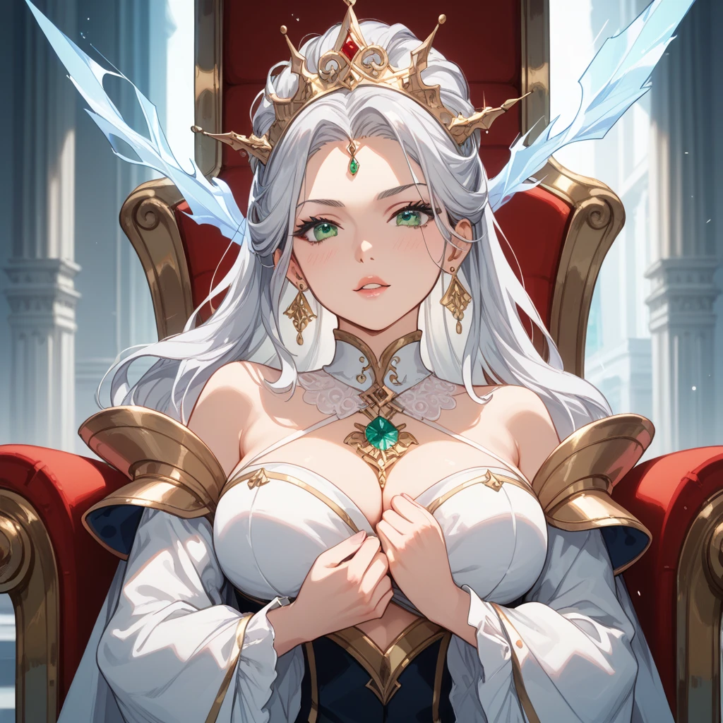 (absurdres, best high quality image, carefuly detailed features and textures, very detailed image, solo character alone, full character vew): {{Elf queen 1.000 years old mature adult milf} (beautiful face, sexy feminine and sexy features, beautiful light blue eyes, voluptuous body, big breasts, beautiful legs, golden long hair, golden eyebrows), (white long royal dress, golden crown, white long royal sleeves middle finger sleeves, cleavage), (lovely cheerful smile, lovely demeanor, full of wisdom and love), (standing at her royal elf golden throne room)}}