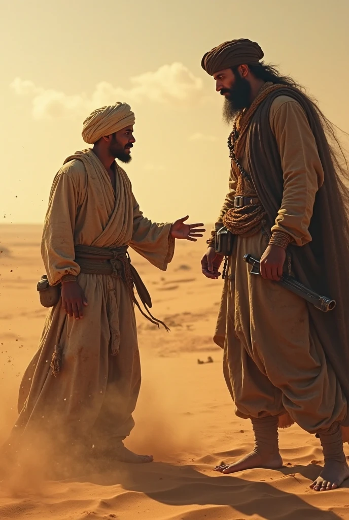 An angry Arab man ordering his slave to do his chores
