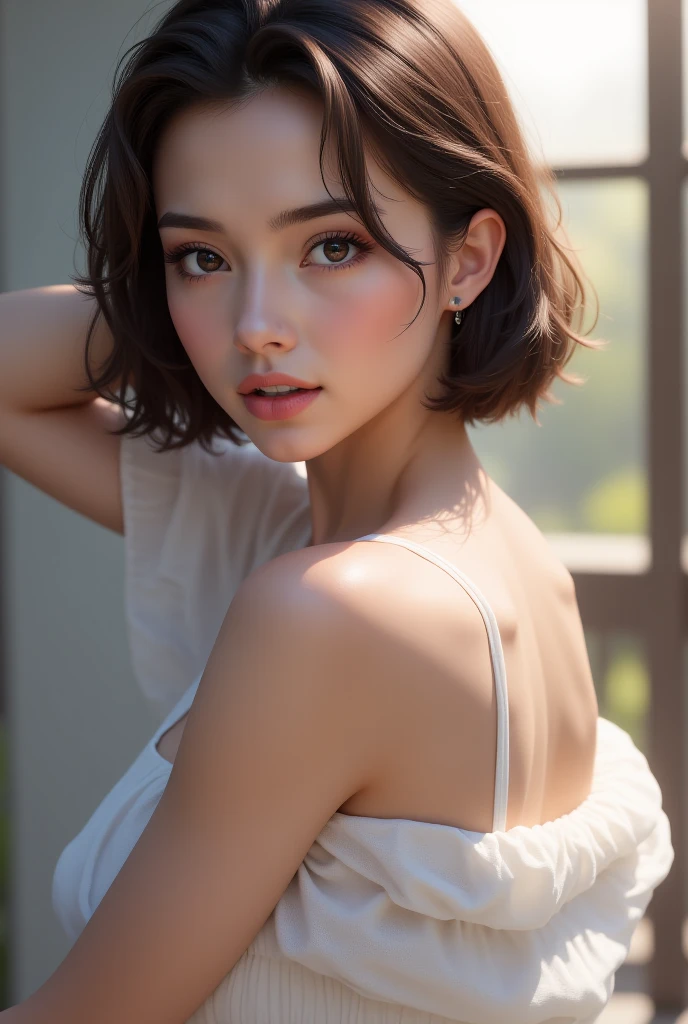 ((Highest quality, 8k, masterpiece: 1.3, RAW Photos)), Sharp focus: 1.2, (1. Aspa Girl: 1.2), (Realistic, photo-Realistic:1.37), (Face Focus: 1.1), Cute Face, Small breasts, Flat Chest, short, Messy Hair, (White Lingerie: 1.1), panties, From below, Beautiful woman standing under the light of a street lamp, Cinema Lighting