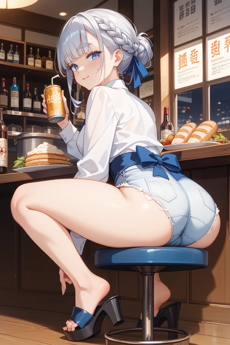 Young girl with blue hair,short straight hair and short bangs (purple eyes),, ((small bushy eyebrows)), wearing gothic lolita clothing, lolicon , large breast, breasts out of blouse, walking to school, bored look, bored face, , suddenly having sex in public, ((doggy style sex)), ((public sex in a restaurant)) naked ass in the male crotch, perfect anatomy, young boy fucking her