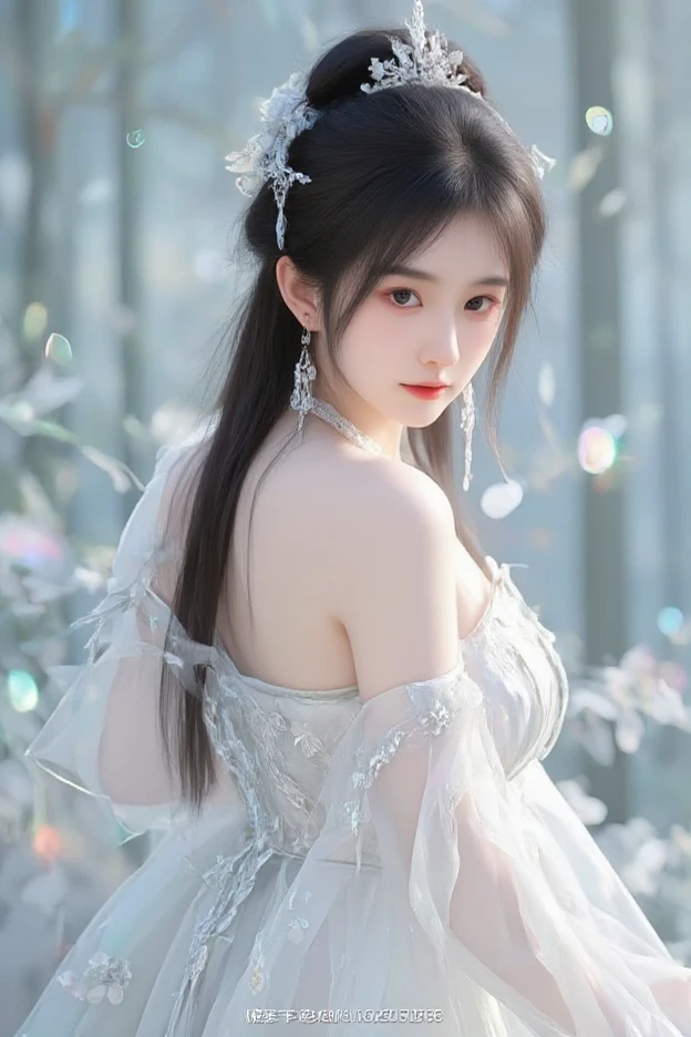 a 13 year old girl，Exquisite facial features，Big watery eyes，Angelic smile，blush，nice，Silver long hair，Princess Head，Frozen queen，Full of energy，Gorgeous clothing，background，Sense of Brokenness，Super Resolution，HD，8K，film texture。Ultra low cut,(Big Breasts:1.5),single whip,((Chinese cheongsam)),Accent strapless,Transparent tulle