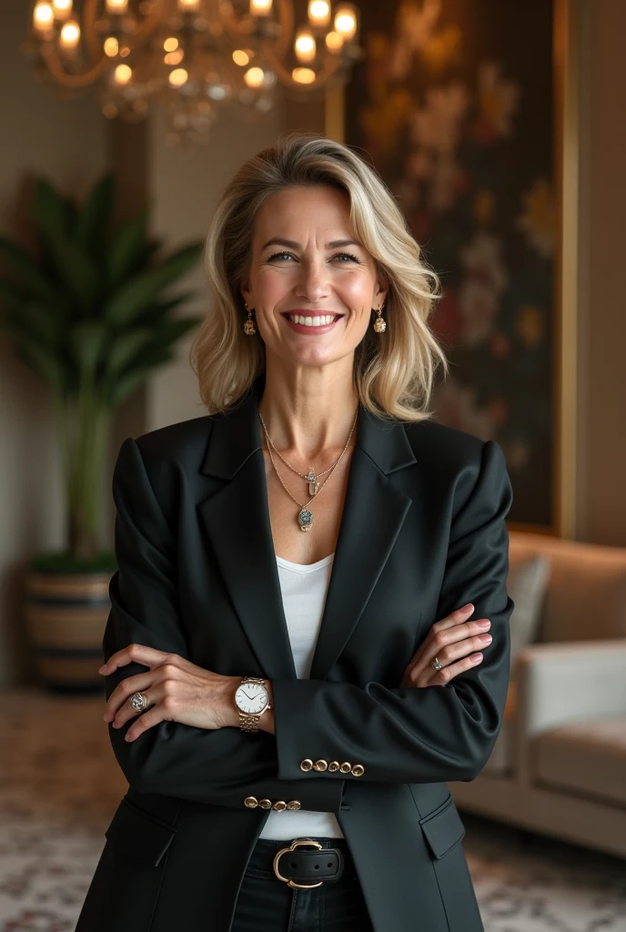 hyper realistic portrait of Sharon stone, 50 years old, brown hair with blonde highlights and amber eyes. woman, she should have a natural, approachable expression and be lit by soft, blue light, canon eos r5, raw format, night, sitting in a large corporate office, top floor view of New York City, detailed panoramic window in the background, sitting at detailed executive desk, detailed face, radiating confidence, full body