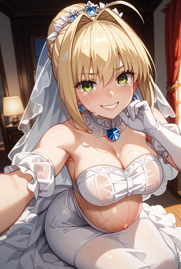 one woman, highest quality, masterpiece, big breasts, beautiful breasts, Super beautiful woman, beautiful eyes, Upper body, 2D, standing position, cleavage, perfect eyes, anime characters, smile, open your mouth, blonde, Forehead visible, short hair, perfect body, Chest opening, Wedding dress, Super erect nipples, Nipples visible,