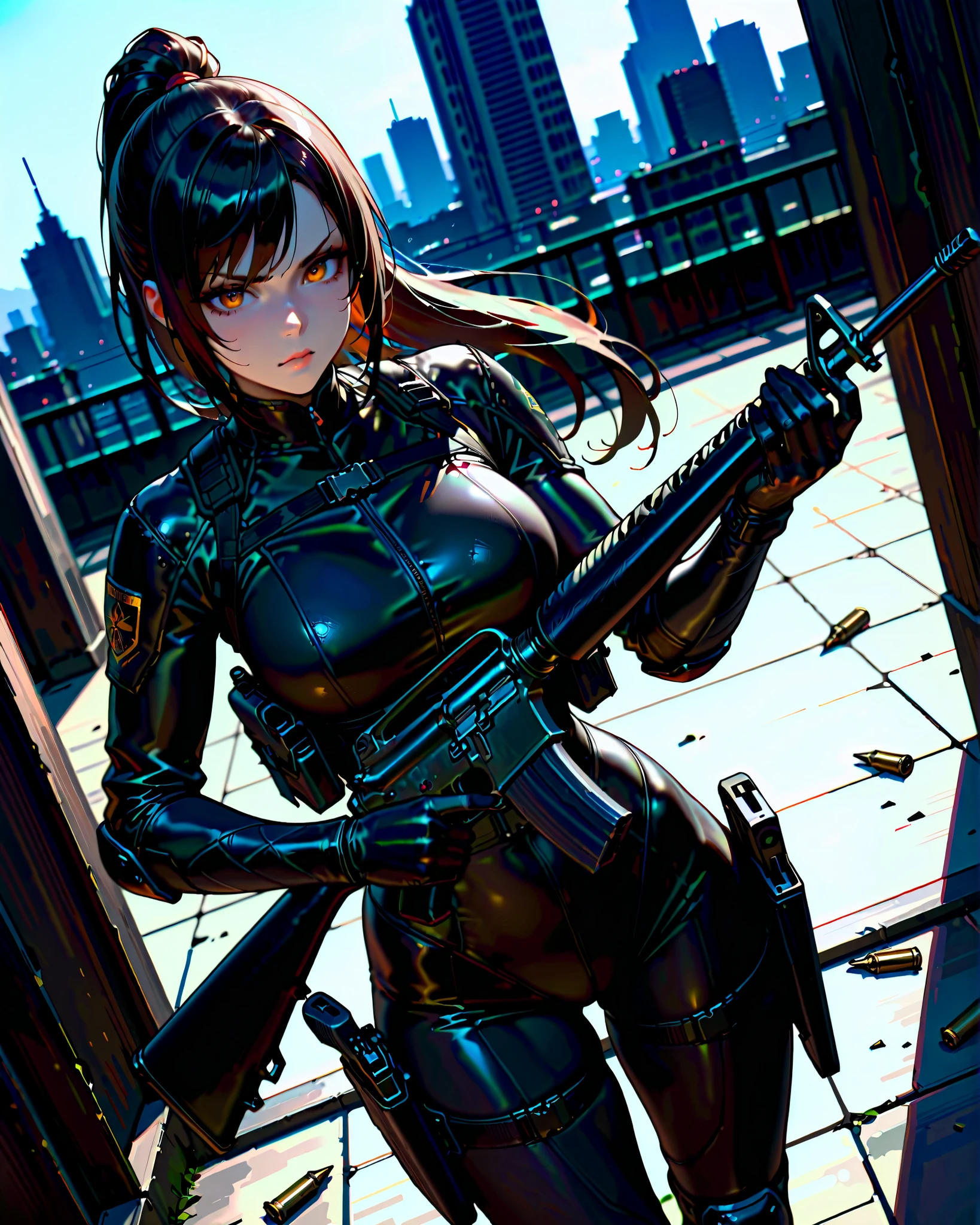 masterpiece, highest quality, 8k, solo, solo focus, highly detailed, (perfect face:1.1), (high detail:1.1), 1female, ninja, mercenary, (holstered sword:1.2, katana:1.2) jet black hair, long hair, side-swept bangs, ponytail hair, amber eyes, beautiful detailed eyes, double eyelids, v-shaped eyebrows, determined expression, black bodysuit, black combat boots, black tactical gloves, tactical gear, knee pads, (holding m16, m16a2 rifle, shell casings), rooftop, glass building, depth of field, dutch angle, perspective, cowboy shot, action illustration.
