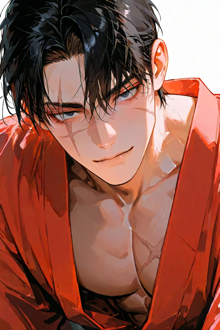 Bakugo Katsuki,Red eyes, by rubio, short hair,1 chico,Focus only, spiky hair, summer clothing, Chapped lips, Oversized Kyokushin Karate Gi, black tape, Whole body