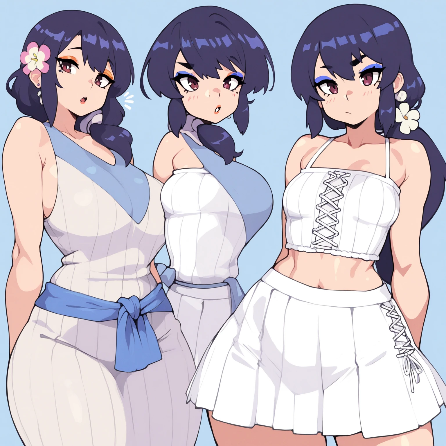 Woman defined body thick thighs cybernetic body parts, fonte_anime, churrasco, cabelo longo, cabelo verde, chifres brancos, flor de cabelo, olhos amarelos, colarinho destacado, decote, school swimsuit, blue one piece swimsuit, luvas de cotovelo, luvas brancas, faixa, corar, Sorriso, in panties and bra naked without clothes