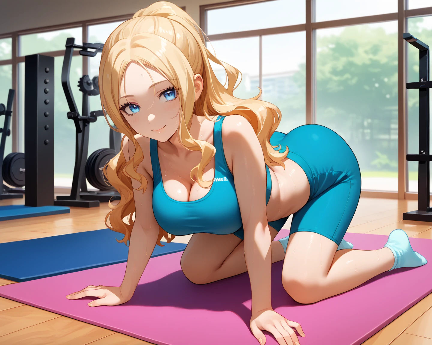 (top-quality: 1.3)、(​masterpiece: 1.3)、(The ultra-detailliert: 1.3)、(wall-paper, one girls)、([Diamonds: 1.3|The eye]:1.2)、(Perfect white gym clothes and dark blue bloomers:1.5)、(blondehair:1.3)、Medium Hair、waved hair、(Beautiful Large Breasts:1.3)、school classrooms、ssmile、sexypose、Kneeling、(Raw feet:1.4)