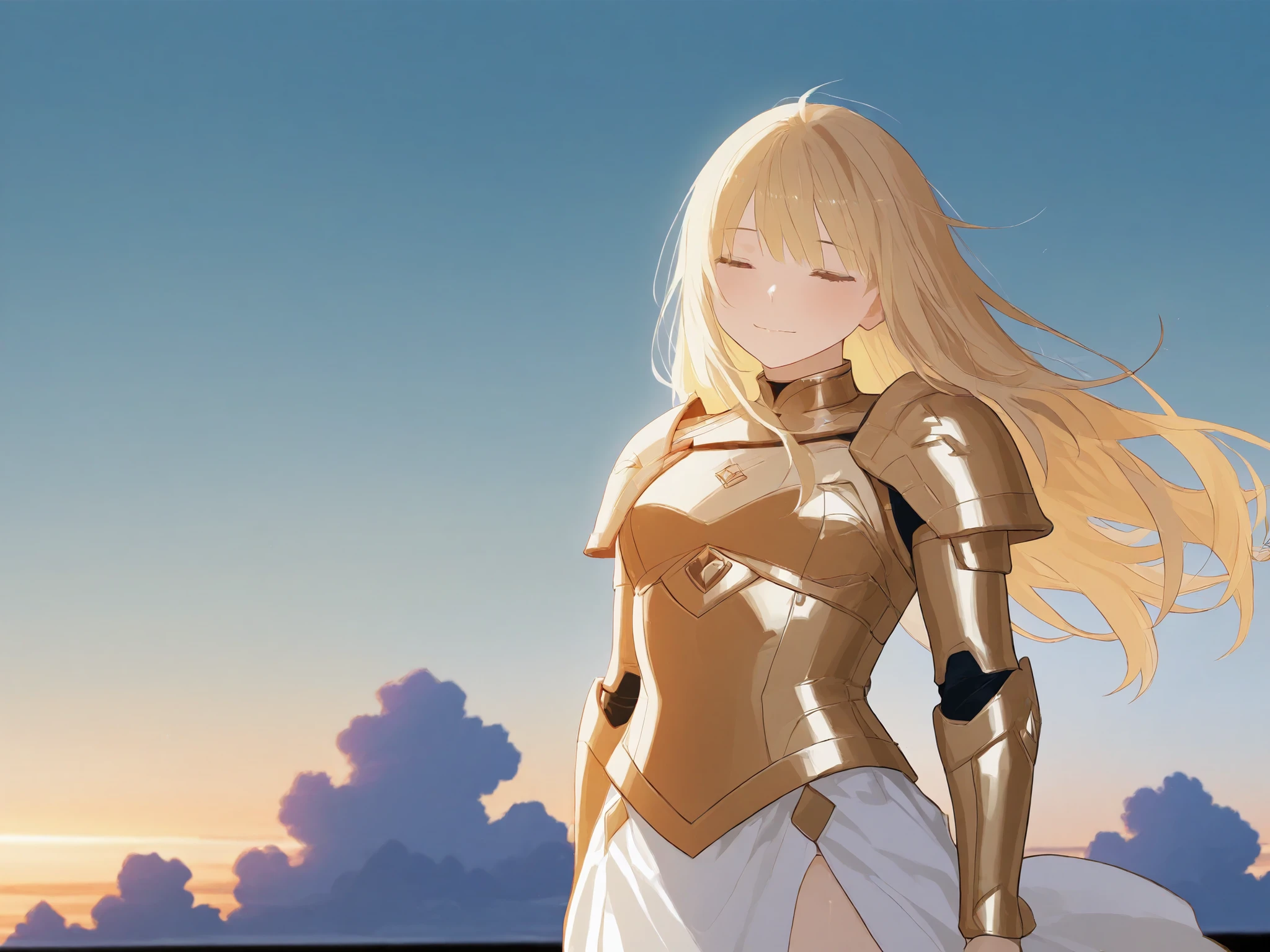 A calm and powerful male superhero with medium-length golden blond hair (not feminine), wearing elegant white and gold armor, standing quietly under a soft sky, peaceful yet strong presence, modest expression, gentle eyes, light breeze moving his hair, minimalist futuristic design, cinematic lighting, background of clouds and sunset, inspired by a noble warrior archetype
