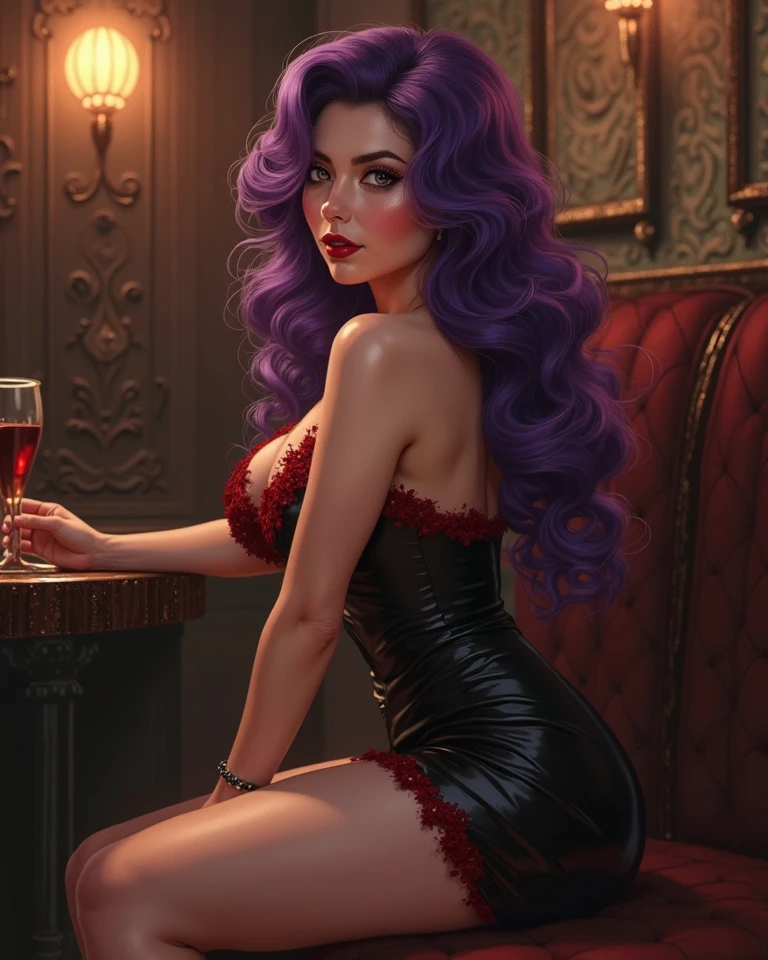 In this image, we see a naked woman with purple hair and a purple wig. She is standing with a box in her hand. The woman is depicted in a painting, and has a chest full of magic. Additionally, there is a bottle of wine in the background, adding a sense of mystery to the scene. The woman''s hair and tattoos are prominent features, adding to her unique and captivating appearance. The overall color palette includes shades of brown, purple, and black, creating a moody and enchanting atmosphere. The woman''s expression is calm and serene, adding to the surreal and dream-like quality of the image.