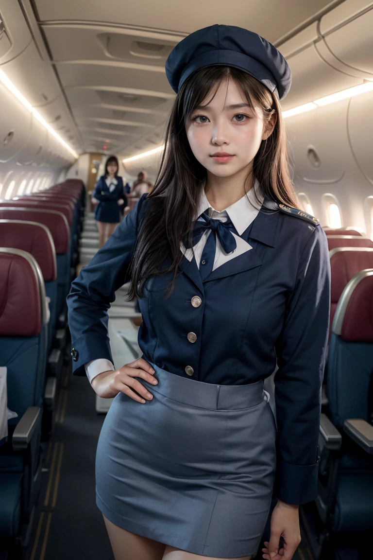 top-quality、masterpiece、超A high resolution、(Photorealsitic:1.4)、Raw photo、女の子1人、Brown hair with bangs、drooing eyes、thin-waist、Colossal tits、CA Uniform、On the plane、slim figure、Light smile with visible teeth
