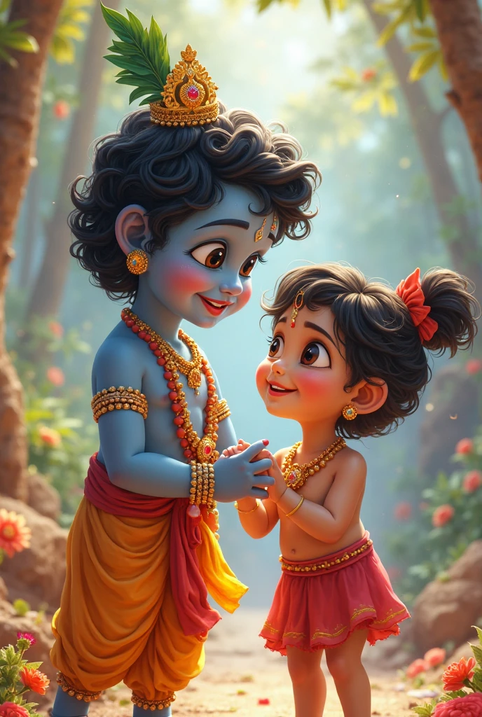 Little Krishna with boy Golu name printed on his t shirt ( boy facing the camera)