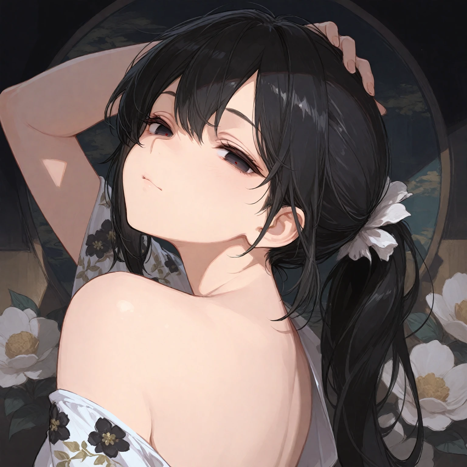 Highest quality, High resolution,thin、(delicate:1.4)、Brown eyes、expensive、7 Class Large、Black Hair、Long Hair,Straight hair、luxury、On the bed、naked、Nipples、(Flower Hair Ornaments:1.4),(Upward glance:1.3)、、ponytail、cute、Shyness,Large Breasts
