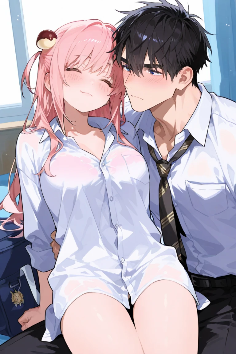 who is height 1.49 bring money pink hair black glasses pink eyes an extremely blushing naked girl who is an extremely shy girl a bed they are making love to her she is on top of him his penis inside her vagina
