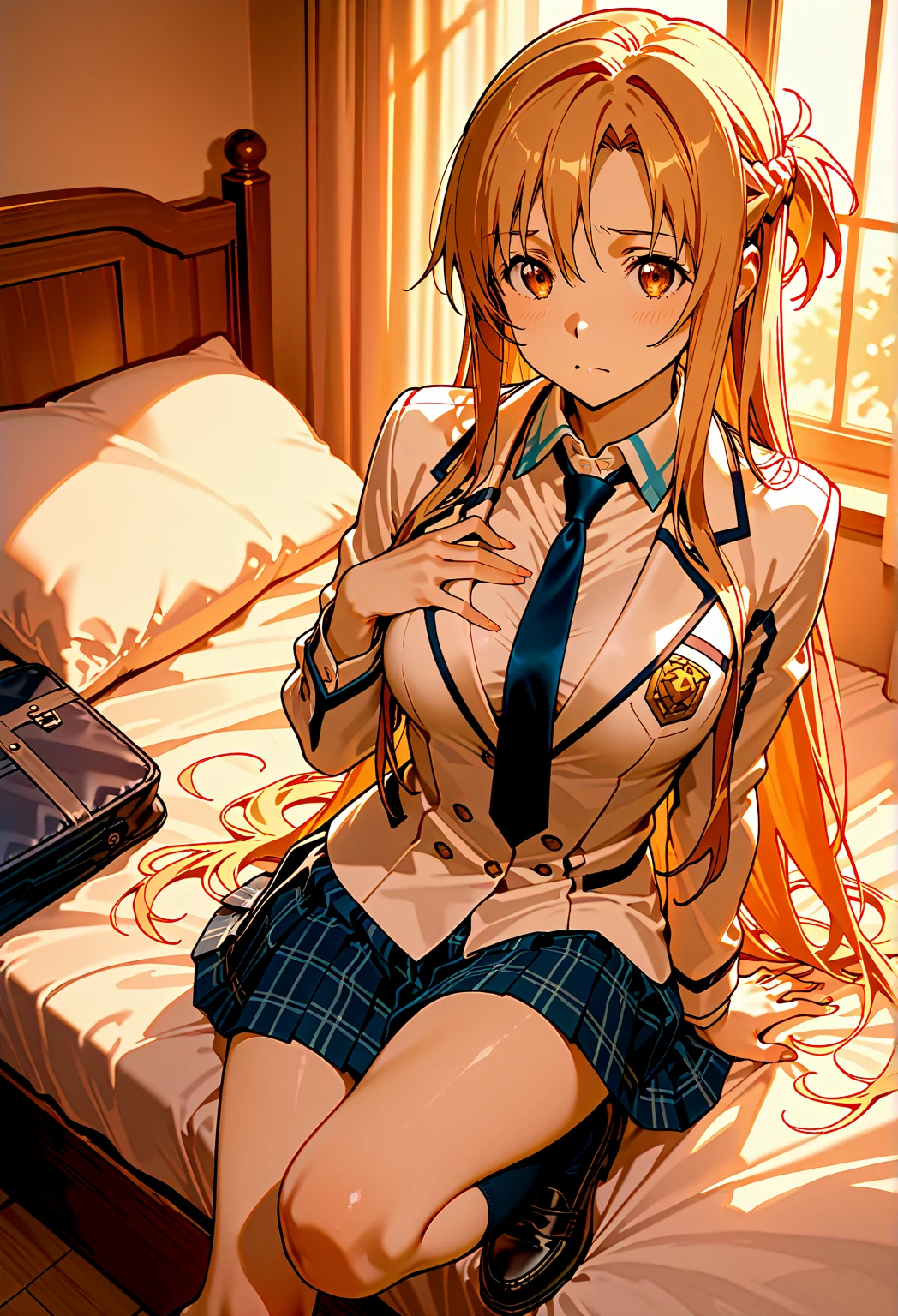 Asuna Yuki(Sword Art Online), dynamic angle, long bronze hair,Braid,brown eyes,fine eyes,big chest line,roll forward,armature,chest flap,long sleeve white shirt,removed sleeve,red and white skirt,pleated skirt,lively,Her thin legs are so cute.,very beautiful long legs.,white thighs,garter,perfect body,lively,Are standing,in the bedroom ,(((on the bed))),((skirt lift)), white lace panties,NSFW,kneel down,1 person、1 personの女の子