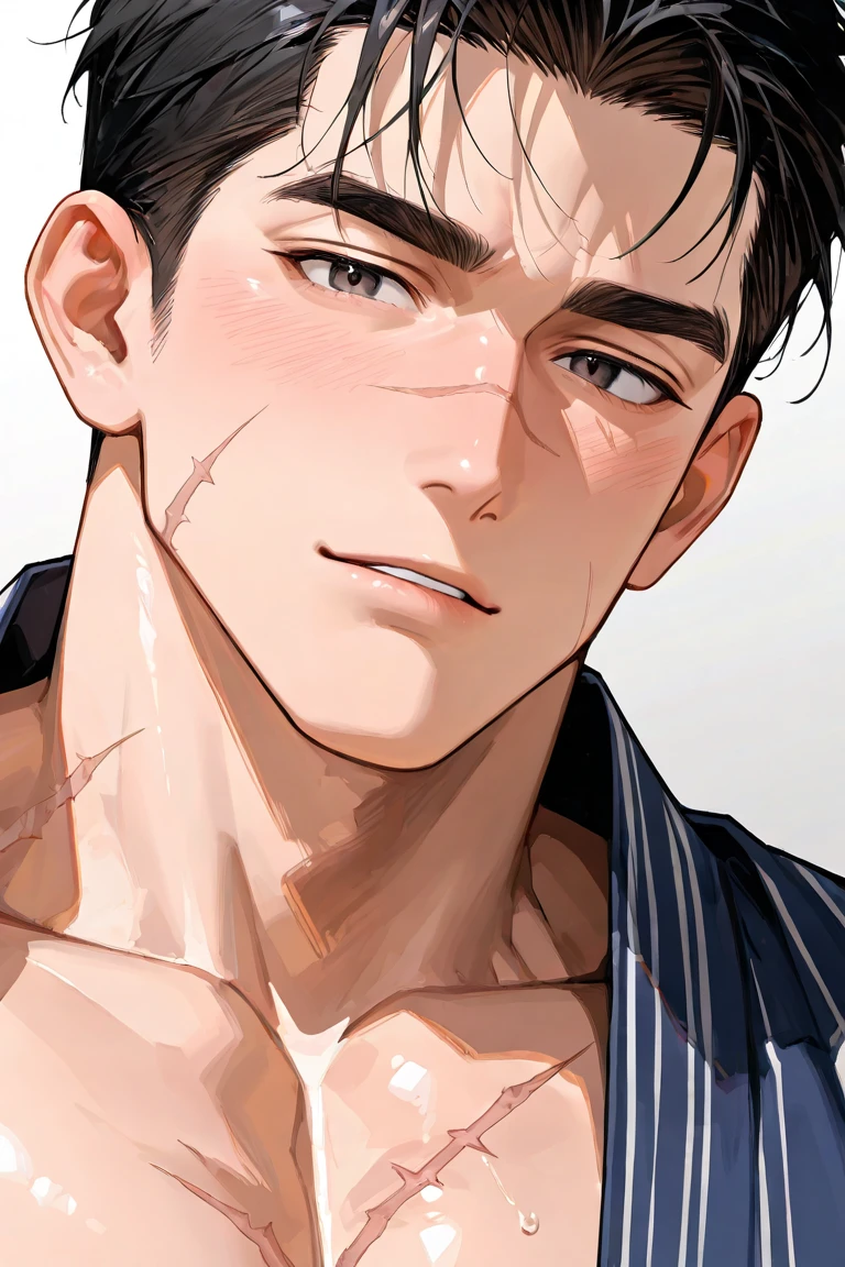 Boy, sixpack, commander style, short hair, perfect face, silver hair