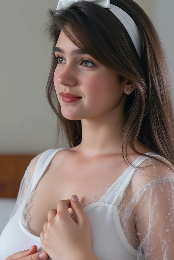 ((Highest quality, 8k, masterpiece: 1.3)), sharp: 1.2, Perfect Body Beauty: 1.6, ((Layered Hairstyles, Small breasts: 2.0)), (white lace dress: 2.0, Off-the-shoulder dress: 2.0, Dresses with visible breasts: 2.0), ((long hair: 2.0)), ((necklace)), Earrings, ring, Bracelet, Hair Accessories, ((Beautiful young teenager woman)), ((Straight nose)), (Eyeliner), Armpit Hair, Bristles, ((White and beautiful skin)), Wavy Hair, Beautiful attention to detail, Super detailed, Highly detailed face and skin texture, fine grain, double eyelid, Black Hair, Big Ass, Lower Body, Thighs, (((Skinny))), Wet and shiny lips, smile, Get a grip on your body, ((Anatomically correct human body)), ((Crisp body shape)), Ribs, clavicle, Protruding skeleton, A face without nasolabial folds, Shyness, Thin eyebrows, Big eyes, (shoot from side: 1.0), (Narrow shoulders: 2.0), (Smile: 1.0)