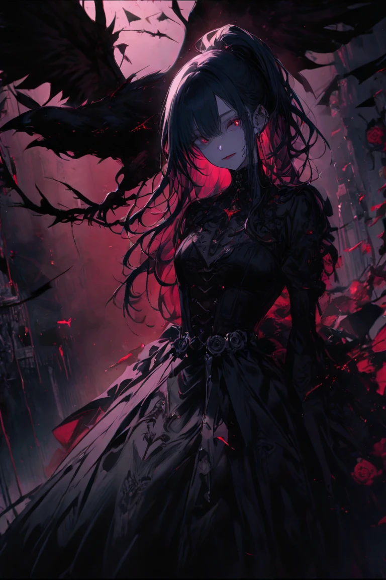 (dark atmosphere,gothic fashion,bright colors),(best quality,Super exquisite,),Sexy goth Vampire girl,In the rose garden at night,Beautiful and delicate eyes,Straight black ponytail with blue tips,Crow feathers,red lipstick,mysterious smile,Pale complexion,black dress,The moonlight illuminates her elegant silhouette,Soft shadows and soft highlights,Contrasting colors create a vibrant atmosphere,dark and moody color palette,Subtle yet dramatic lighting effects,Sublime darkness intertwined with exquisite moonlight, She's tall and mature, red tone, beautiful pretty face, long hair