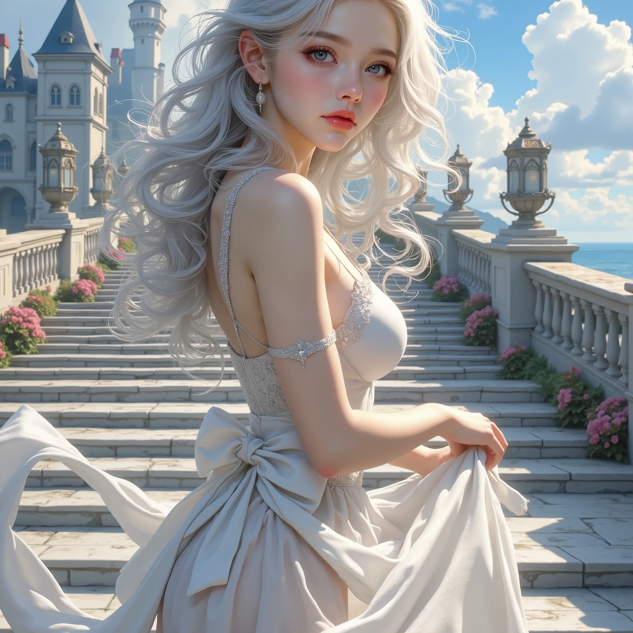 ultra fineCG Unity 8k壁紙、Highestの画質、ultra fine、masterpiece、real、photoreal、Ultra Fine Cute Girl、18 years old、(Seaside Castle)、((Girl standing on a marble staircase))、(smiling girl)、((Skirt Flip))、(Turn it over yourself))、low angle、Cheek、 red lips、viewers looking straight up、((low angle)、(underwear that makes me cry a  Standing in Front of a Castle Wall ))、Fluorescent color、one girl、Turn to the side、beautiful face above the castle gate、beautiful eyes、(big blue eyes)(back view)、( look back)、(silvery dull hair)、shiny hair、radiant skin、Reduce glare、Finger ratio adjustment、Escrow、Butt view、dynamic angle、(( master parts ))、((Highest画質))、((super detailed)、(Illustrations)、(detail light)、(very delicate and beautiful)、Dramatic Shadows、Ray Tracing、Reflection、Ultra High Definition、(( master parts ))、((Highest)quality))、((Ultra HD))。Ultra High Definition、((colorful hair and mesh))、 Her Hair Flutters in the Wind 、(Big deep blue eyes )、Silvery white hair、 Spots of Light Around a Woman 、Magical Aura、Green dot、The nature of the aura、Magical Aura黒髪の女性、(translucent blue one shoulder dress:1.leeveless)、((Skirt fluttering in the wind))、((An old European castle stands in the distance))、(white panties are visible)(full body shot)、(Long Leg)、(high heels)、