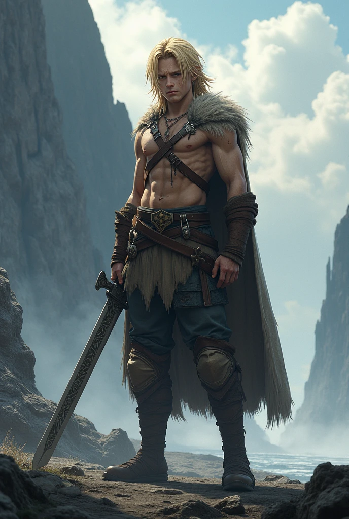 A very handsome male teenager he is shirtless and wearing a primitive loincloth made of human bones he is wearing leather boots and a hooded cape from a large white wolf that he hunted on his right hand he has made a glove with sharp claws using metal bones on his left hand he is holding a sword made from a giant human spine he also has a bow that is made from a human spine that is attached to his torso his body is full of scars and his skin is very tanned and his hair is long and blond he is in a wasteland that is snowing his mouth is dripping blood his body is very handsome and he has some bloody handprints on it the image has to be in anime
