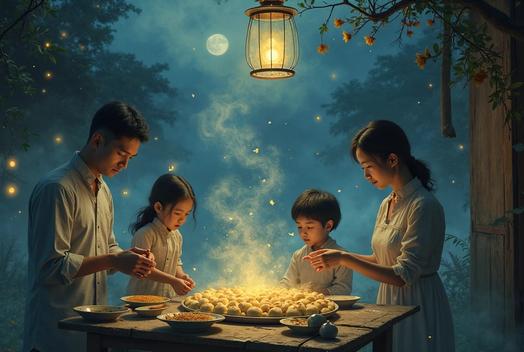 A little girl and her mother sitting together on the grass, under a tree, looking at the starry night, a big dog sleeping. Flowery garden. Crescent moon on the sky, some cirrus clouds. Summer night. Tranquility. Swarm of Fireflies. Highly detailed. Very softly illuminated by moonlight and fireflies.