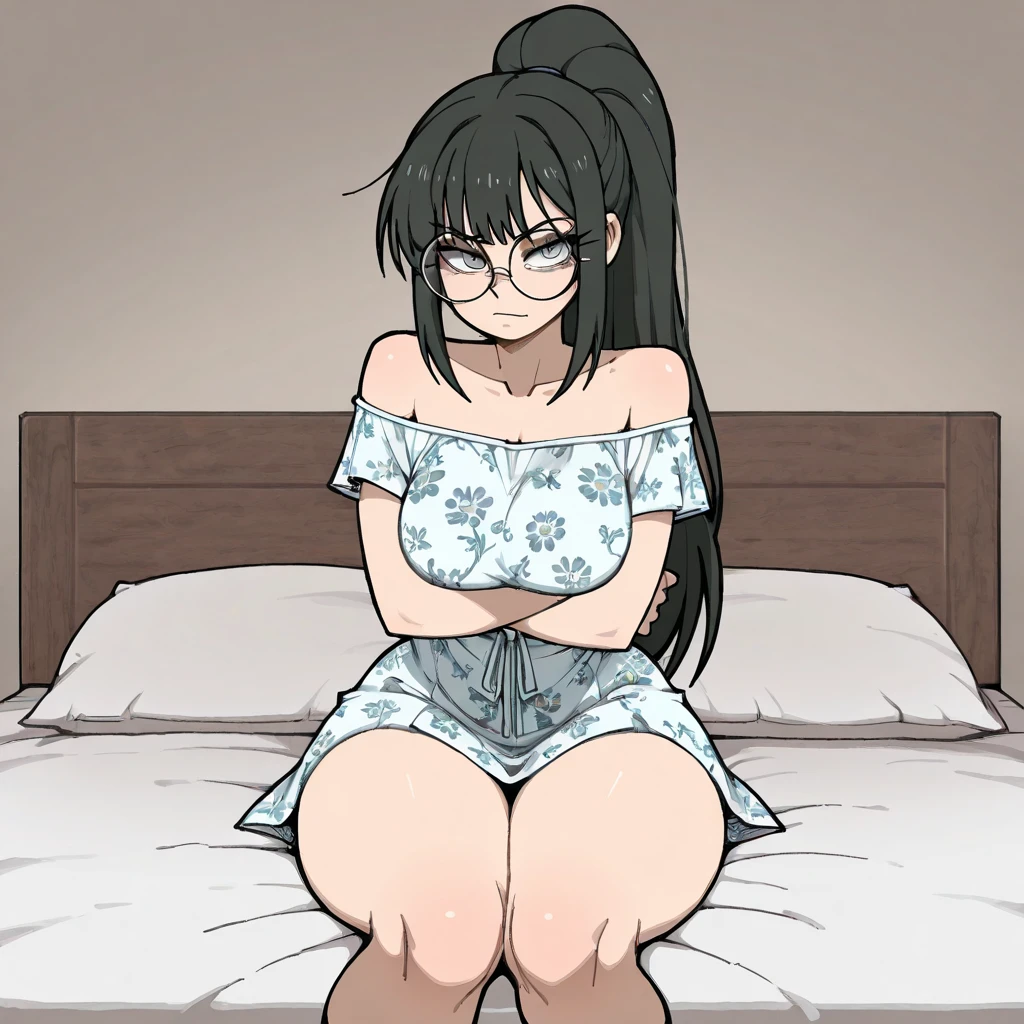 Erotic、Bedroom、naked、Glasses、A woman with a penis growing out of her crotch、semen、Sweat、、Troubled expression、Grab your dick