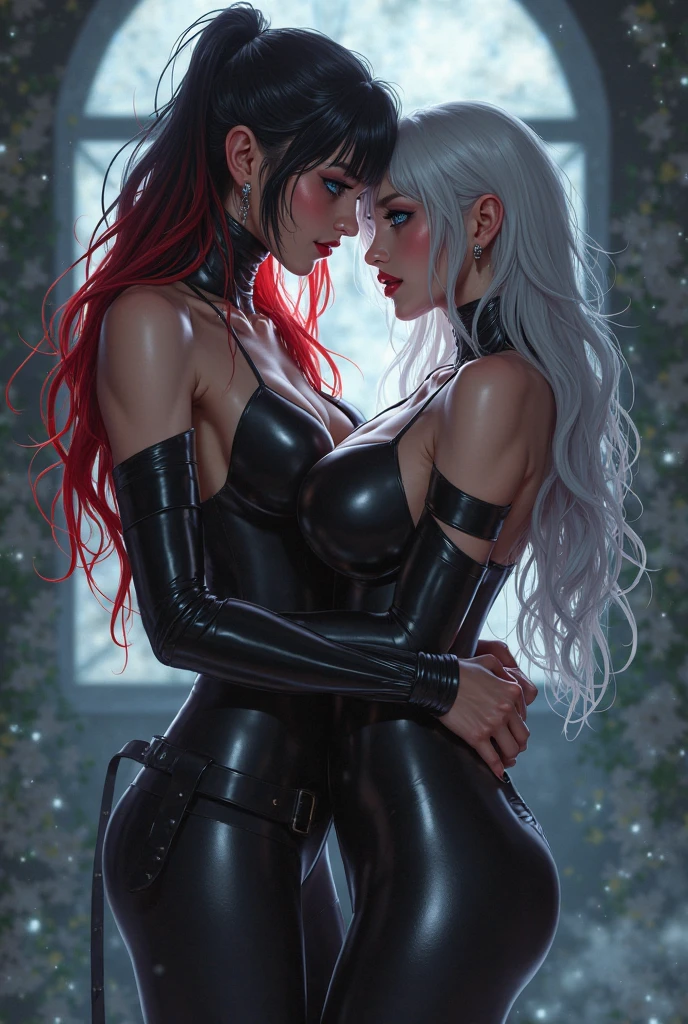 2 Beautiful Girls, black and white hair, the kiss, Demons, Small horns, chic red outfits, big breasts, big ass, Slim waist, disturbance, Against the backdrop of a volcano, eruption, lava