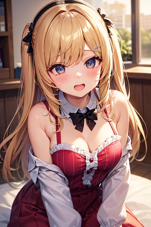 Best Quality, Realistic, Realistic, Award-Winning, (Intricate Details: 1.2), (Fine Details), (Intricate Details), (Cinematic Light, Best Quality Backlight), Clear Lines, Sharp Focus, Official Art, Unity 8k Wallpaper, Ridiculous, Incredibly Ridiculous, Fantasy Art, ,long hair, 1girl, hair ornament, solo, breasts, blue eyes, cleavage, bow, bear hair ornament, necktie, blonde hair, bangs, looking at viewer, collarbone, shirt, nail polish, red bow, black shirt, underwear, bra, skirt, choker, black bra, sleeves rolled up, white necktie, red nails, pleated skirt, blue skirt, medium breasts, miniskirt, shiny hair, pink hair, boots, plaid skirt,