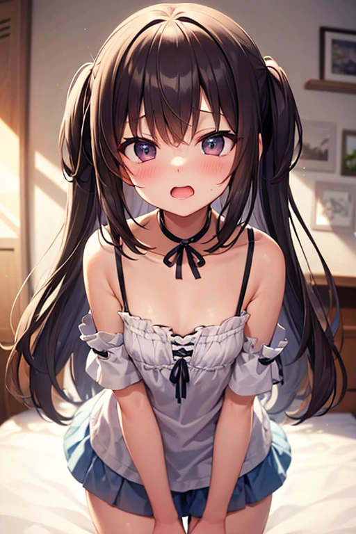 front view,1girl,Beautiful girl at ,Japanese,Slender,small breasts,Baby Face,Small face,Black Hair,Row Twin Tails,Gray Eyes,Drooping eyes,middle School girls,Sheer black and white negligee,lingerie,open mouth,tongue out,front face,kneel,Hands Behind Back,Put your chin forward,Beautiful and detailed anime art,Sad look,front view,high angle, looking at viewer, looking ahead, from above,face focus,Sexy vibe,cum on tongue,Dimly lit room,Beautiful room,On the bed,blurry background