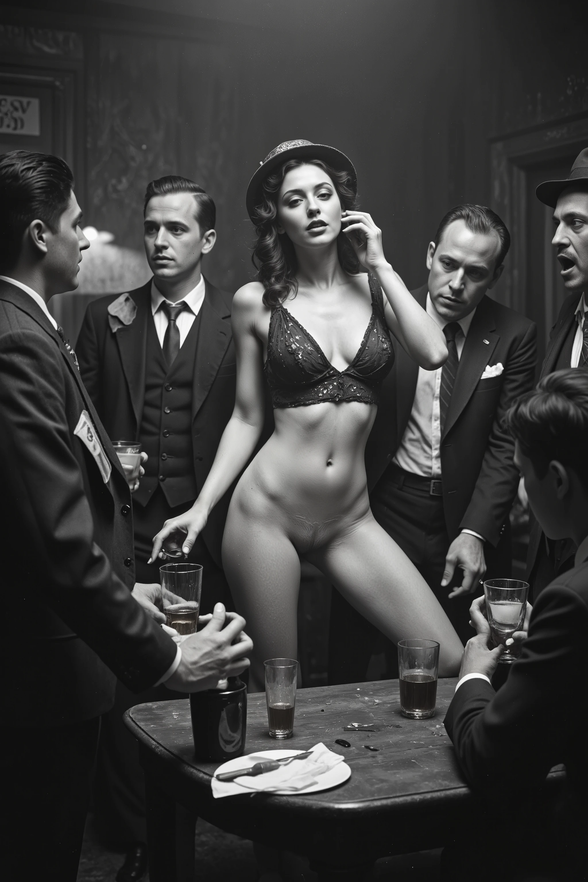 Prohibition era,
antqgldnCE style,
Photorealism,
((A scene from a live-action movie)),
Incredibly detailed,
Professional photography,
1925, Boston,
In a speakeasy,
The small space is filled with people,
Everyone is drunk and crazy,
A young woman starts stripping on the table,
Men tease her,