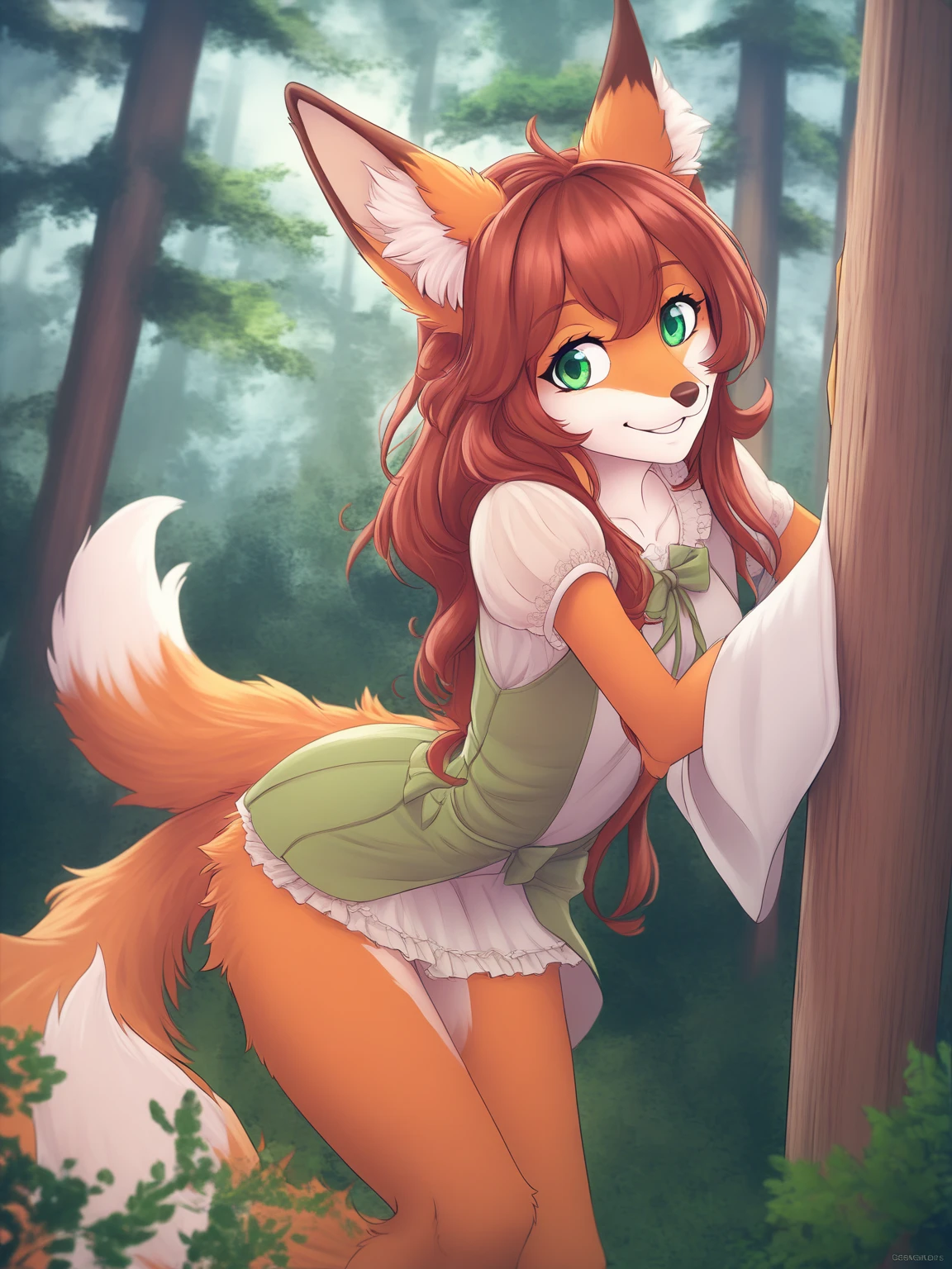 nsfw, masterpiece, bset quality, 1girl,white thighhighs,nature, mutiple views, ass views and dress views, (PureErosFace_V1:0.7), elora furry, detailed and extremely fluffy body fur, fluff, masterpiece, looking up beautiful surroundings, detailed background, happy, leaf-dress, (sfw), furry, no clothes animal, 