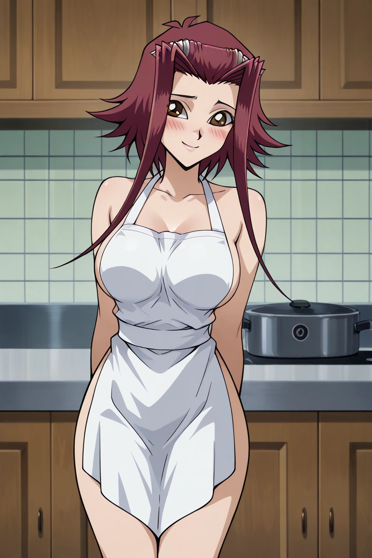 (high quality, 8k, 4K, high contrast, artwork:1.2, high quality, best aesthetics), ((1 woman)), erotic, sensual, mature body, super detailed, beautiful face detailed, beautiful eyes detailed, detailed beautiful mouth, sexy body, perfect breats, perfect wide thighs, (long, wavy dark purple hair), (dark purple eyes), (black lipstick), (serious facial expression), (naked with a long white kitchen apron), (standing), (centered) , (looking at the viewer), (kitchen)