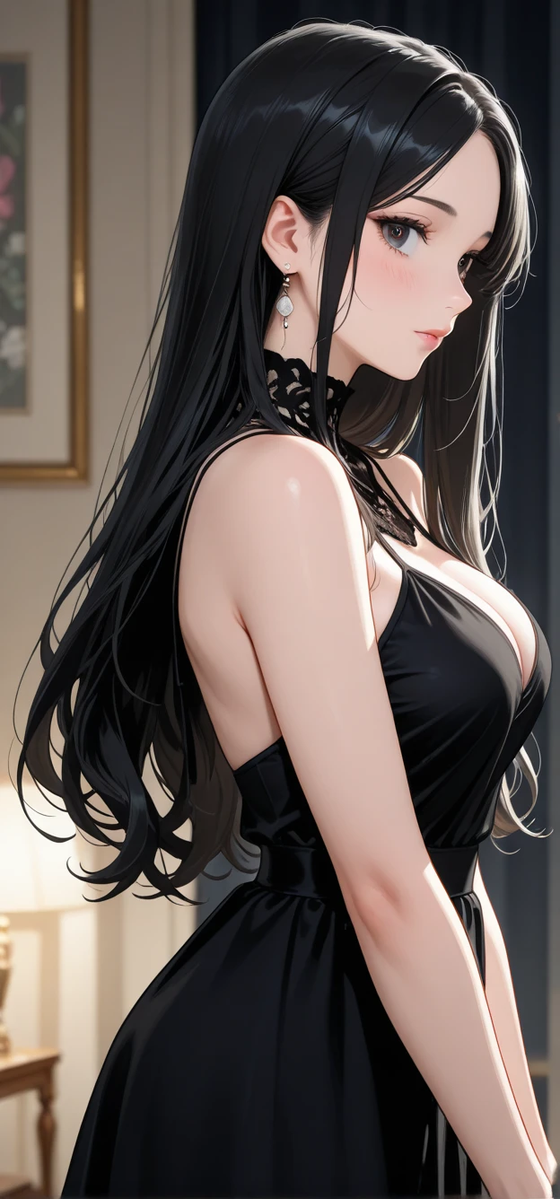 absurd, high definition, ultra sharp, 8K, {masterpiece}, expressive eyes, best quality, perfect face, 1 girl, solo, yumeko jabami, black hair, long hair, blunt bangs, red eyes, bedroom, white lingerie , standing, looking back,