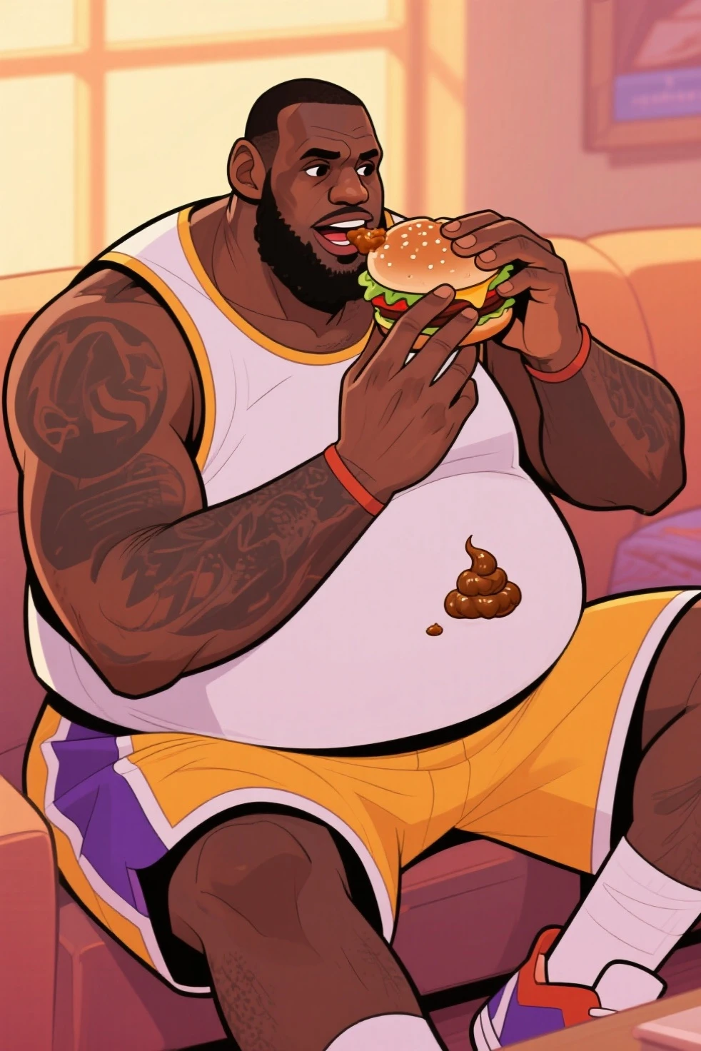 A tall, strong black basketball player with a tattoo of a pizza on his chest stands in a baby's room holding a bottle full of milk. On the wall a picture of a basketball