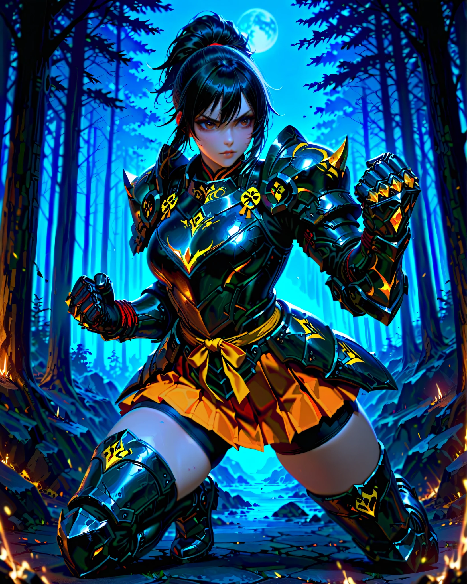 masterpiece, highest quality, 8k, solo, solo focus, highly detailed, (perfect face:1.1), (high detail:1.1), dramatic, gritty, intense, anime character, dynamic fighting pose, 1girl, solo, solo focus, (dark black hair, tied up hairstyle), (wearing black gloves), (wearing samurai armor, armored gauntlets, armored boots, thigh-high boots), (wearing a skirt, orange skirt. pleaded skirt), (black biker shorts), modern art, hair covering eyes, (clenched hand, clenched hands, fist gauntlets), forest, beautiful face, beautiful eyes, (brown eyes), vibrant colors, night, highest quality digital art, Stunning art, wallpaper 4k, 8k, k, HD, unparalleled masterpiece, best quality, full body, dynamic lighting, cinematic, epic, cowboy shot, full body with costume.
