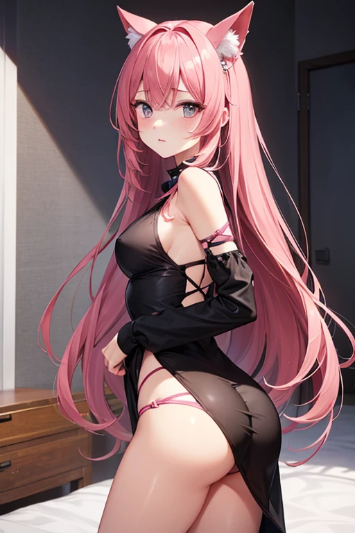 ((best quality, masterpiece, 4k, best anatomy)), moody lighting, beautiful elf woman, (crimson red hair), ((very long hair)), perfect face, innocent smile, sparkling eyes, ((yellow eyes)), ((naked)), (petite), (slender), ((flat chest)), ((18 years old)), skindentation, extreme detail, attractive oval face, pink lips, pink nipples, glossy skin, detailed hair, face focus, close-up chest, gold ornamental necklace, earrings, ((1 girl)), blush, embarrassed expression, ((high heels)), standing, long legs, ((thigh-highs)),