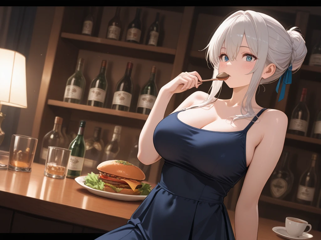 sovetsky_Soyuz, grey hair, long hair, choker, necklace, bracelets, bare shoulder, thigh high stocking, black tanktop, mini skirt, large breasts, cleavage, first rate breasts, grey eyes, sharp eyes, Long eyelashes, symmetrical eyes, eye shadow, ominous vibe, expressionless, stoic, relaxing, anime, aesthetic, Anime screenshot, Ultra quality, UHD, high detail, morning, restaurant, eating, sitting