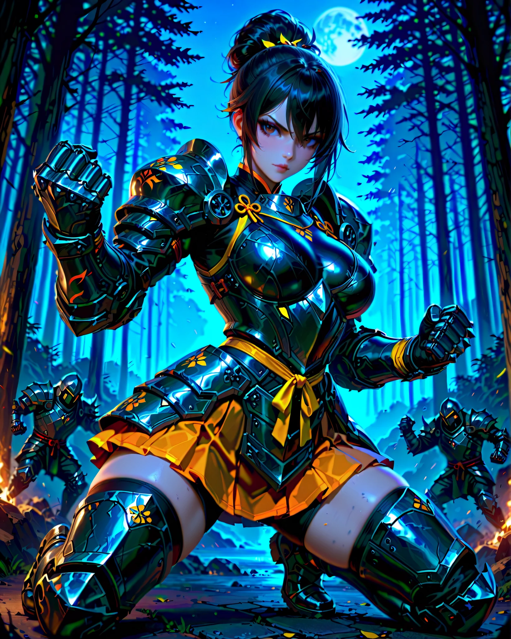 masterpiece, highest quality, 8k, solo, solo focus, highly detailed, (perfect face:1.1), (high detail:1.1), dramatic, gritty, intense, anime character, dynamic fighting pose, 1girl, solo, solo focus, (dark black hair, tied up hairstyle), (wearing black gloves), (wearing samurai armor, armored gauntlets, armored boots, thigh-high boots), (wearing a skirt, orange skirt. pleaded skirt), (black biker shorts), modern art, hair covering eyes, (clenched hand, clenched hands), forest, beautiful face, beautiful eyes, (brown eyes), vibrant colors, night, highest quality digital art, Stunning art, wallpaper 4k, 8k, k, HD, unparalleled masterpiece, best quality, full body, dynamic lighting, cinematic, epic, cowboy shot, full body with costume.