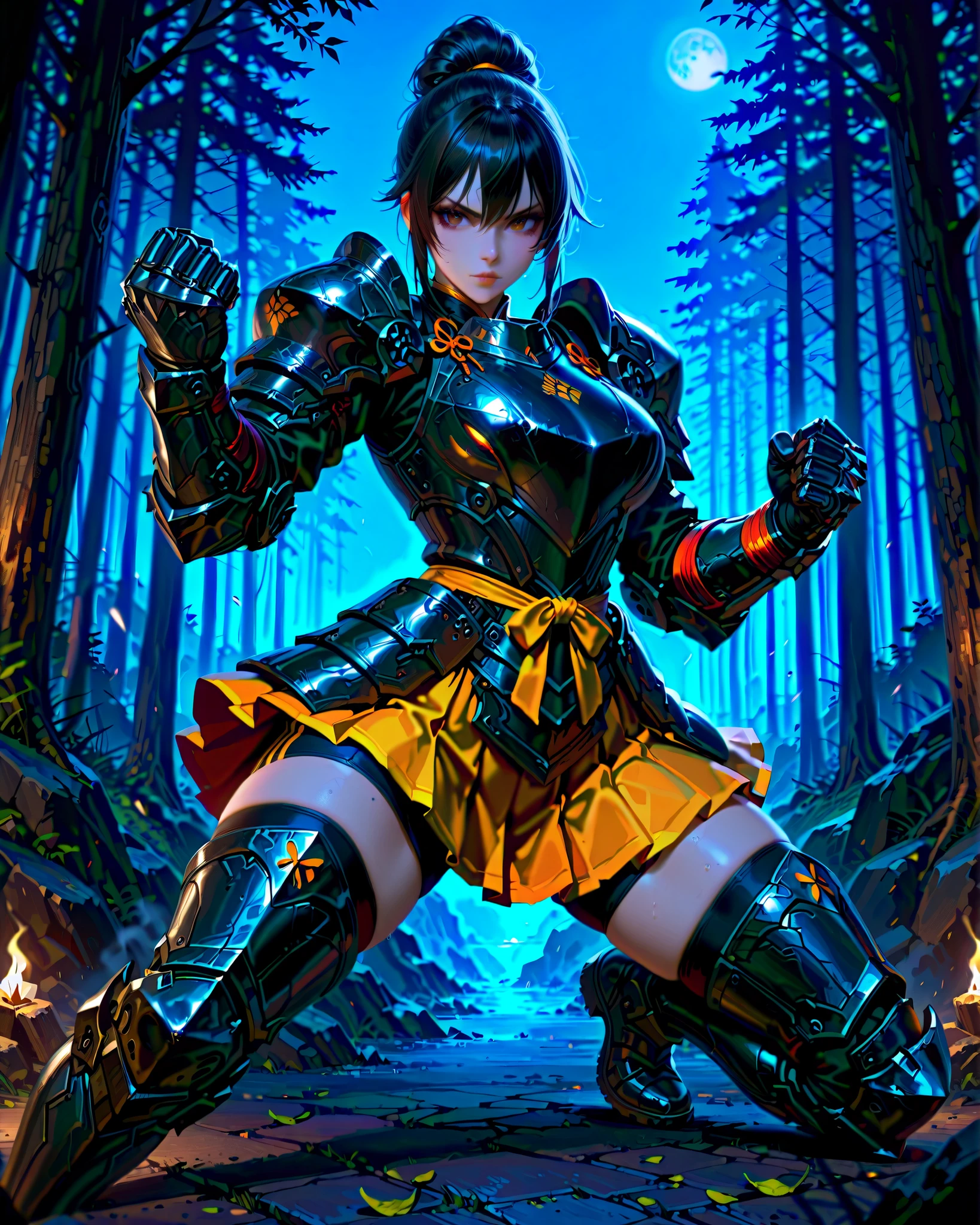 masterpiece, highest quality, 8k, solo, solo focus, highly detailed, (perfect face:1.1), (high detail:1.1), dramatic, gritty, intense, anime character, dynamic fighting pose, 1girl, solo, solo focus, (dark black hair, tied up hairstyle), (wearing black gloves), (wearing samurai armor, armored gauntlets, armored boots, thigh-high boots), (wearing a skirt, orange skirt. pleaded skirt), (black biker shorts), modern art, hair covering eyes, (clenched hand, clenched hands), forest, beautiful face, beautiful eyes, (brown eyes), vibrant colors, night, highest quality digital art, Stunning art, wallpaper 4k, 8k, k, HD, unparalleled masterpiece, best quality, full body, dynamic lighting, cinematic, epic, cowboy shot, full body with costume.