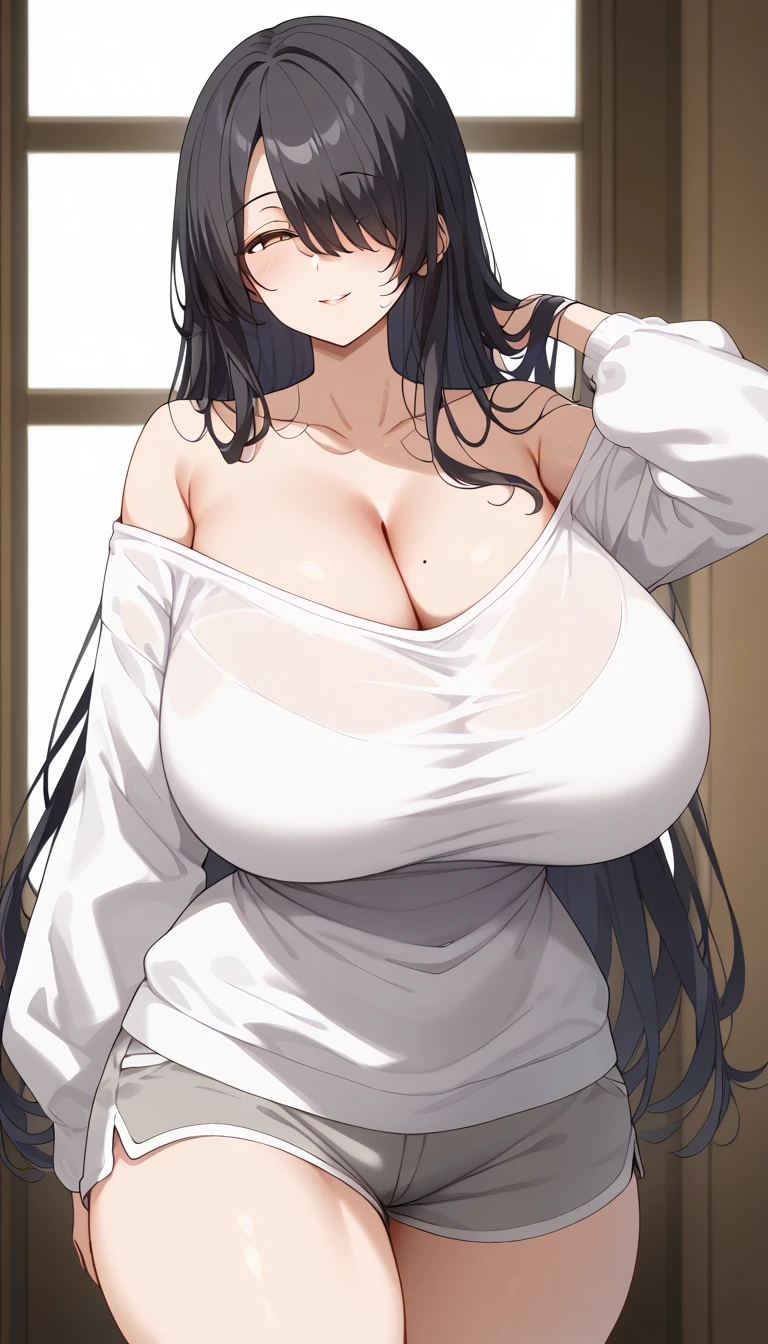 Cute , mature women, chubby cheek,realistic skin,see through nipple,realistic breast, saggy breast, huge breast,nipple out,muted colours, cold lighting, pale white skin, mature women,black hair, long hair, (hair over one eye:1.4), Messy hair,straight hair,hair between eyes ,sleepy eyes ,beautiful,pucker lips,charm,pubic hair pussy,dense pubic hair, cute shy blush on